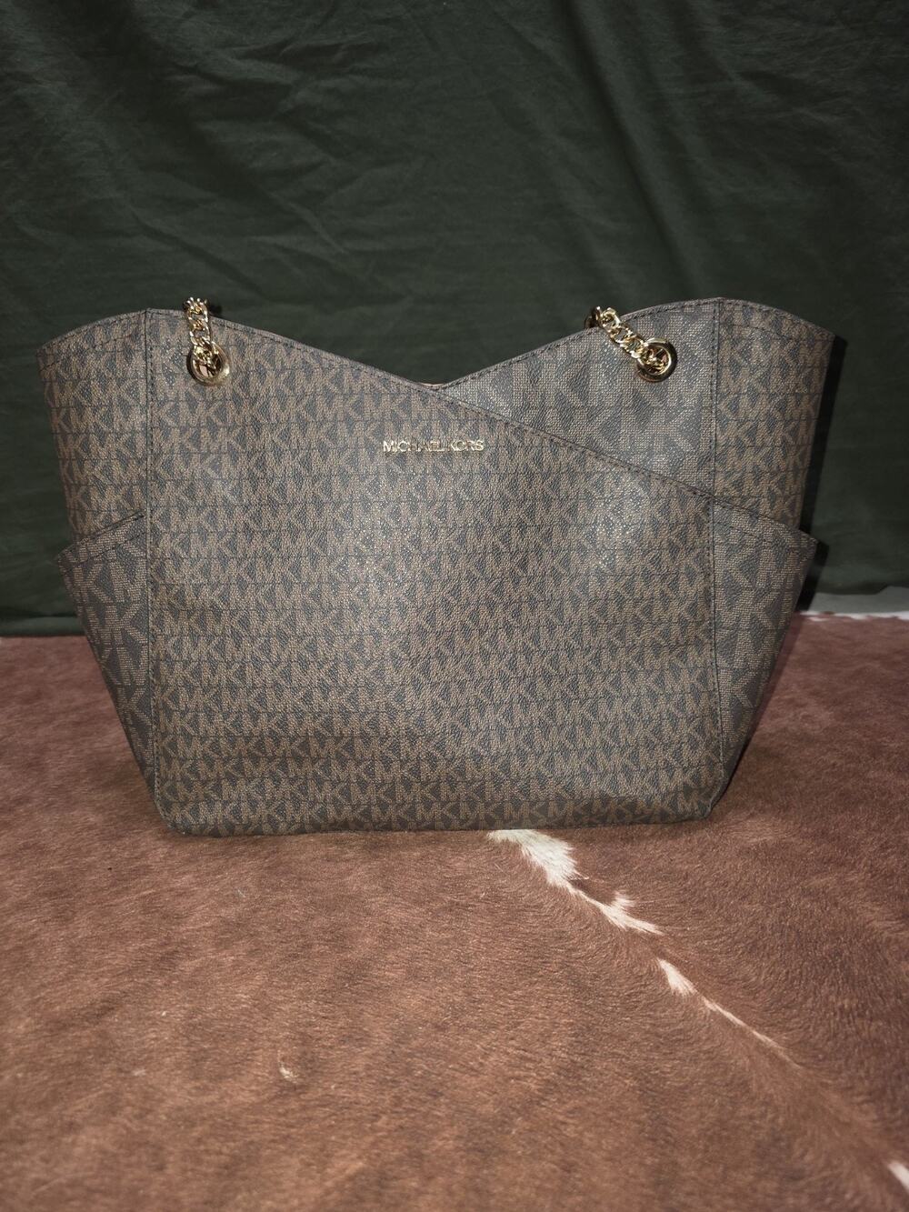 Michael Kors Brown MK Logo Tote Bag Gold Chain Shoulder Strap